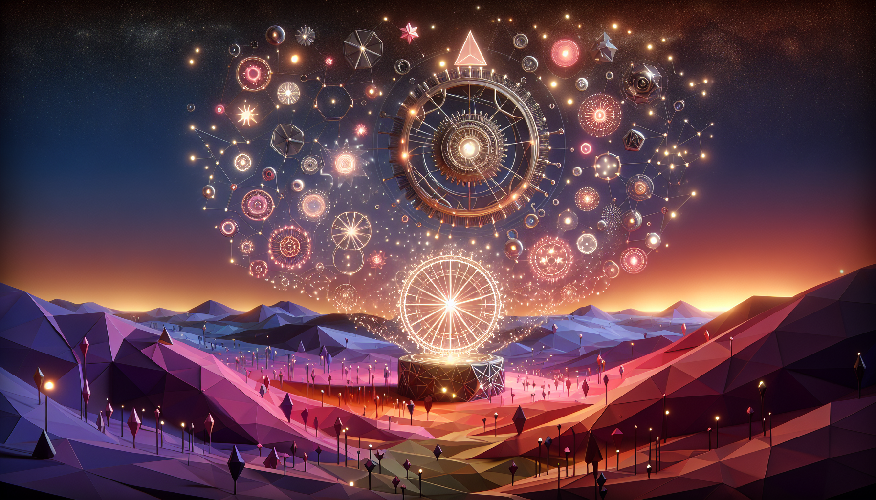 A magical machine transforming words into illustrated storybook pages with gears and glowing circuits in a twilight setting