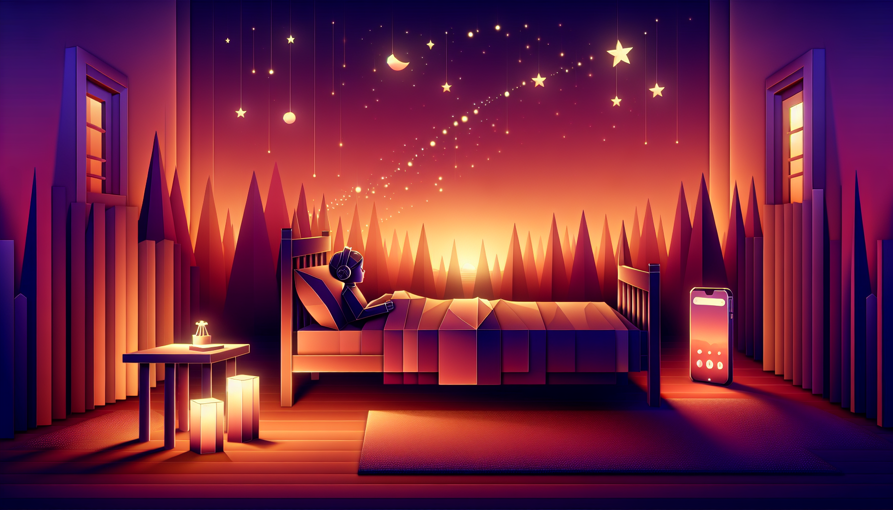 A geometric child in bed wearing soft headphones with a stylized stack of glowing audiobook cards on the left and a phone with personalized story sparkles on the right