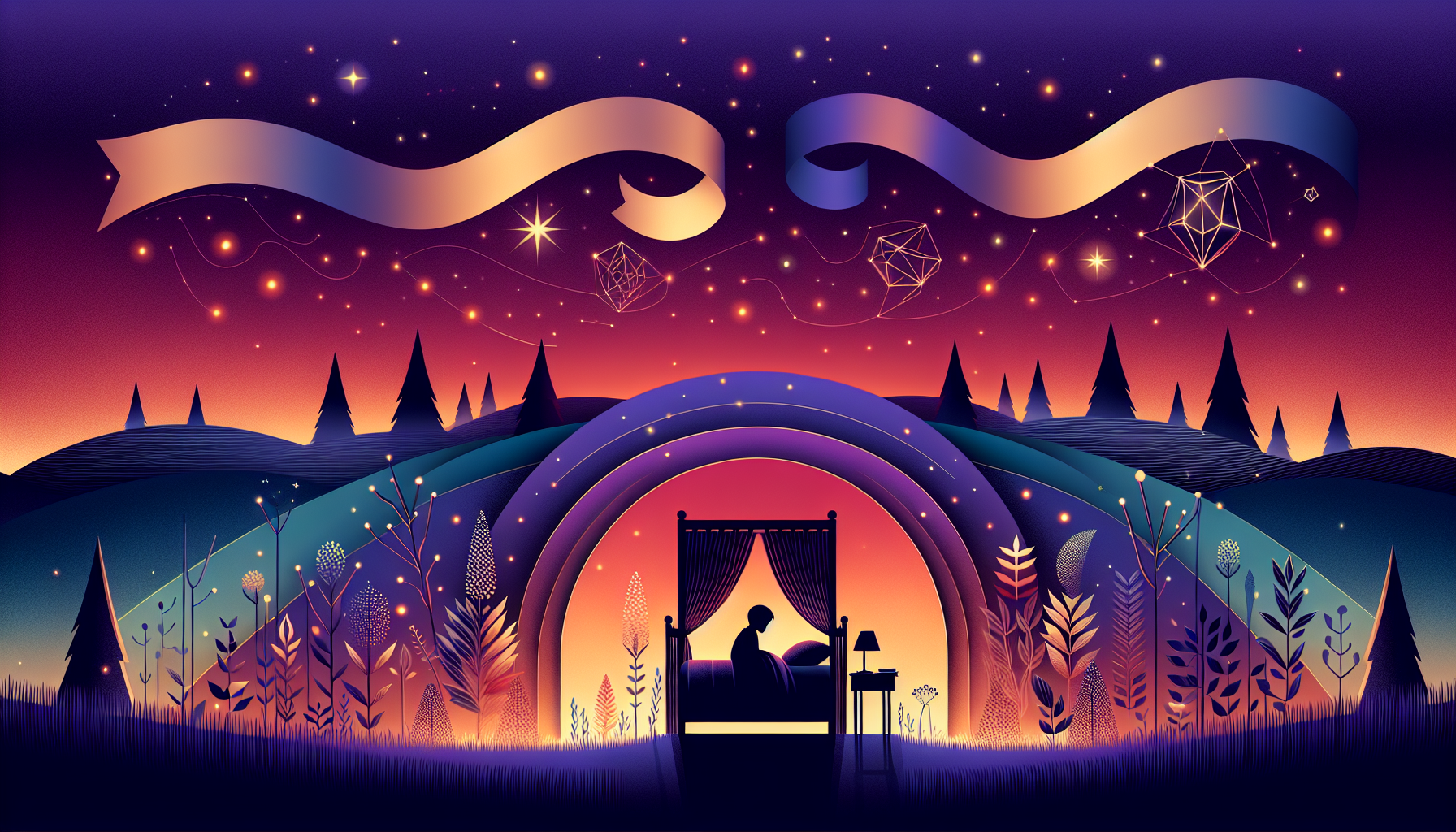 A geometric child silhouette in a cozy bed with two parallel ribbons stretching across the twilight sky — a long audiobook ribbon with chapter markers fading off, and a short story arc curving up and back down