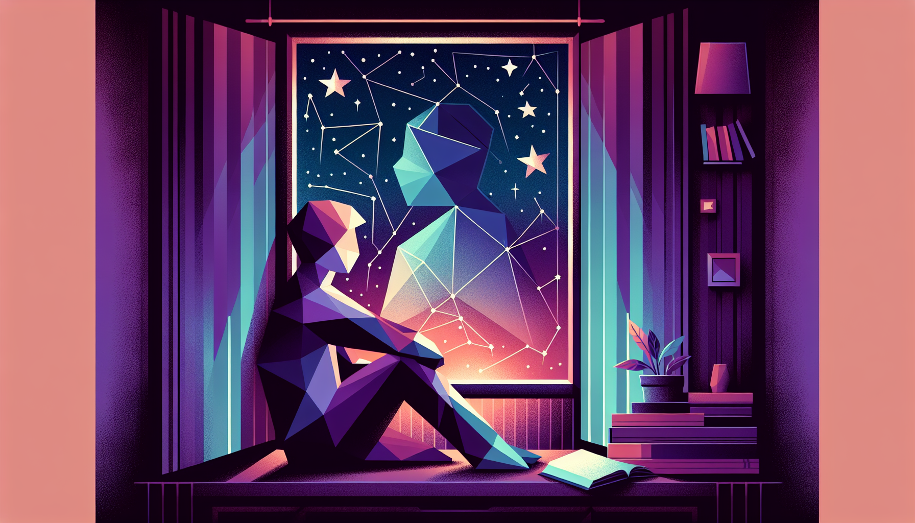 A tween at a window gazing at story-shaped constellations with a book beside them