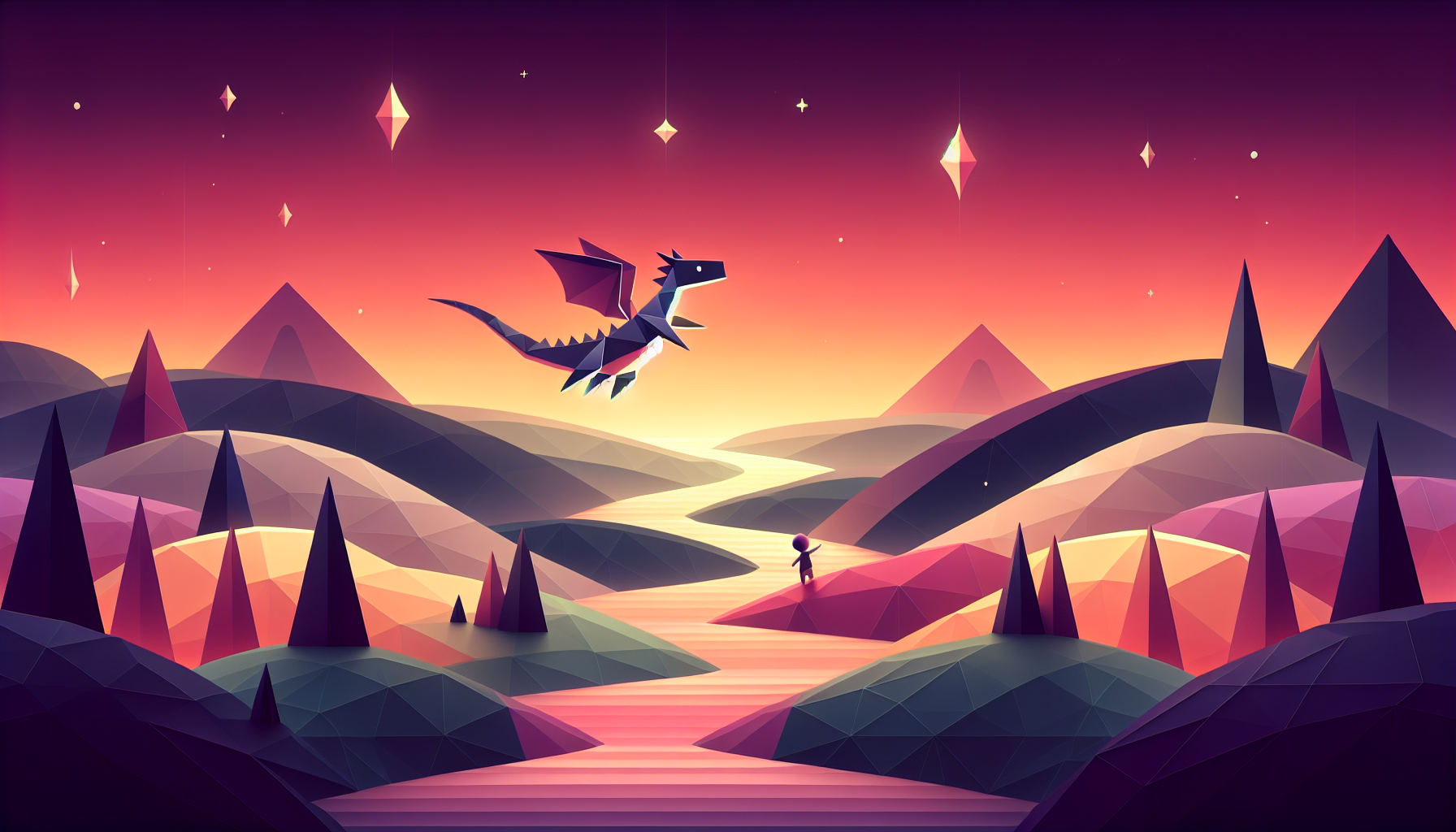 A child riding a friendly dragon over geometric hills at sunset