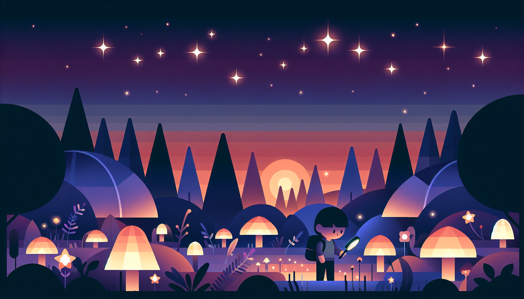 A curious child adventurer with a magnifying glass exploring a twilight forest with glowing mushrooms
