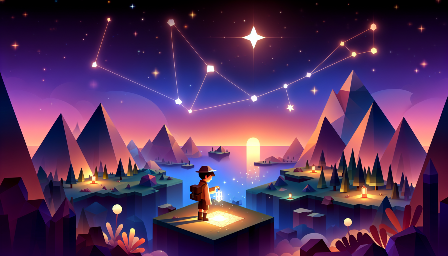 A young explorer discovering a glowing treasure map among geometric mountains and floating islands