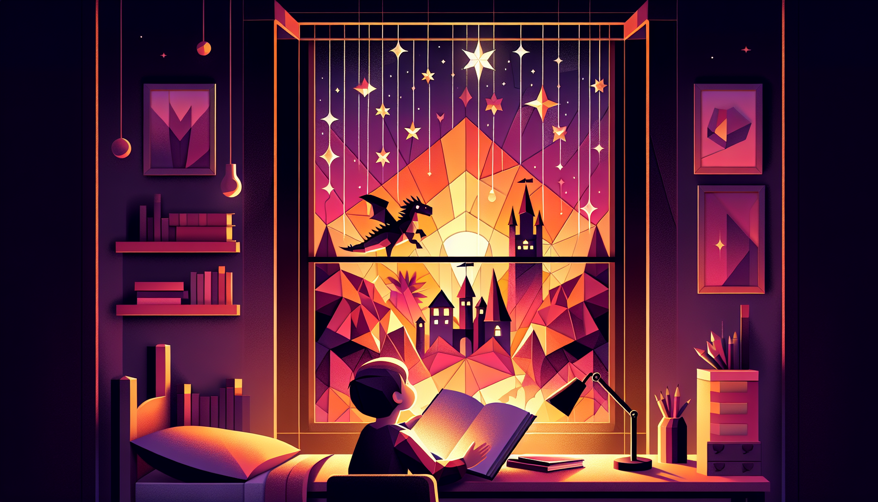 A child reading under lamplight with imagination scenes of castles and dragons bursting from a book