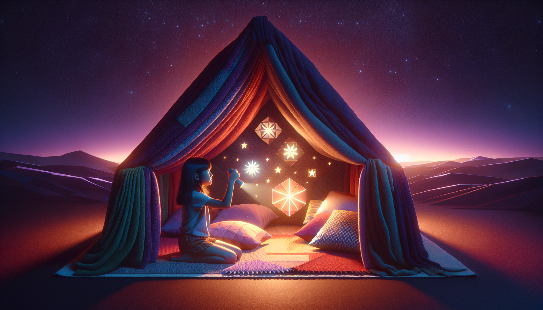 A child with a flashlight in a pillow fort with glowing adventure scenes on the walls