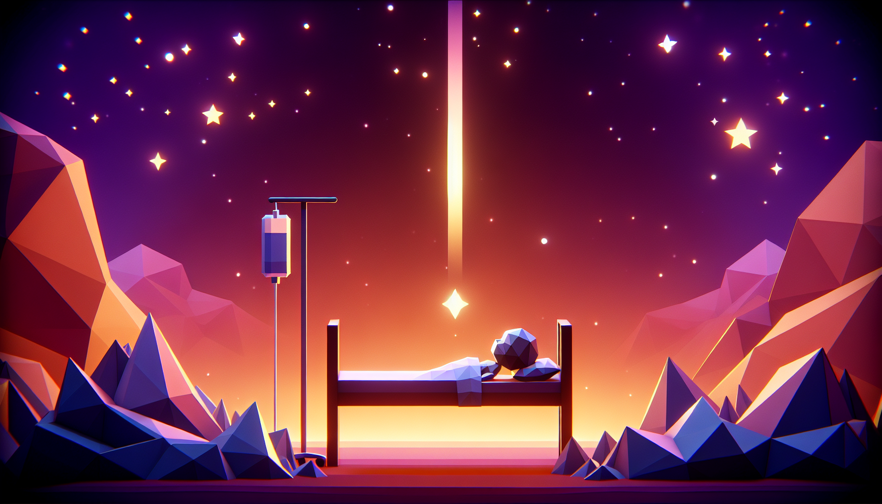 A small child silhouette in a hospital-style bed with a warm golden audio-bubble emerging from a bedside device, suggesting a parent's voice from far away