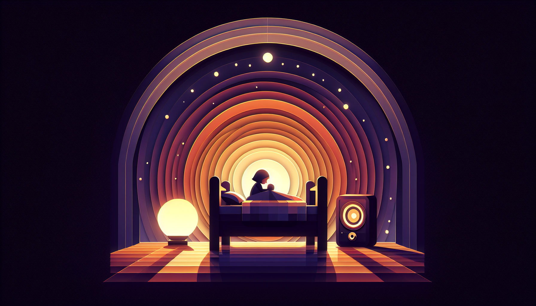 A child silhouette in bed with three gentle pulse-rings expanding outward from an audio-source above the pillow, conveying rhythm and regulation