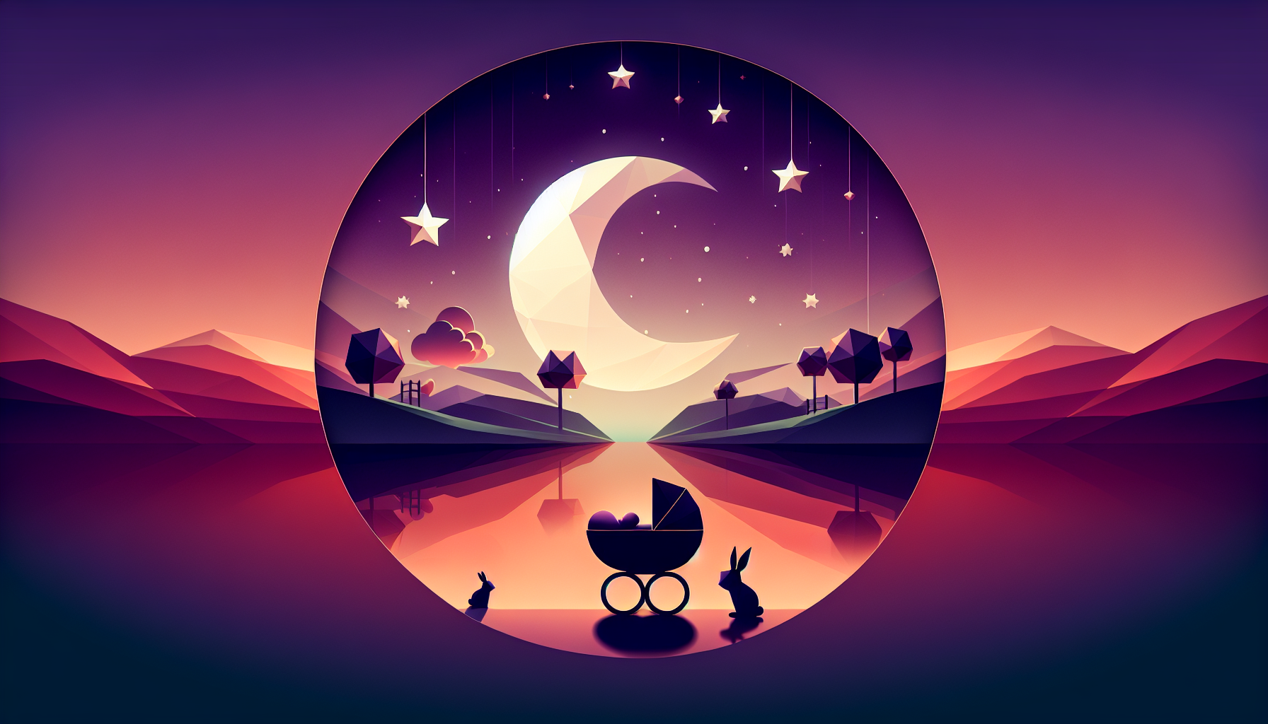 A serene scene of a tiny geometric baby sleeping in a soft cradle with a soft moon and bunny silhouette drifting overhead under three soft stars