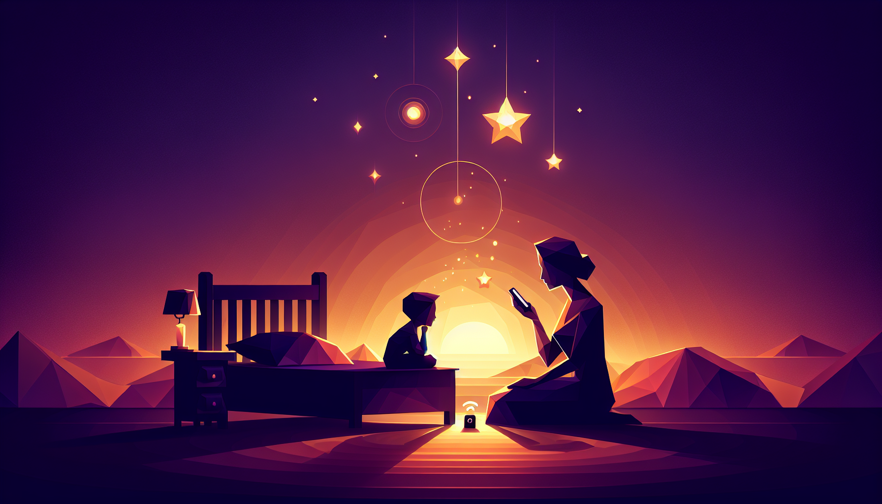 A geometric parent silhouette sitting calmly beside a child's bed with a glowing phone propped on the bedside table emitting golden audio waves, parent's posture relaxed