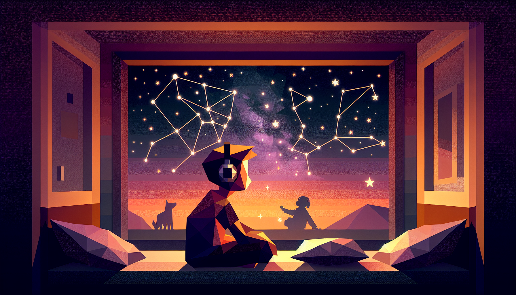 An older child silhouette sitting up against pillows with headphones on, warm bedside lamp glow, faint constellation pattern overhead