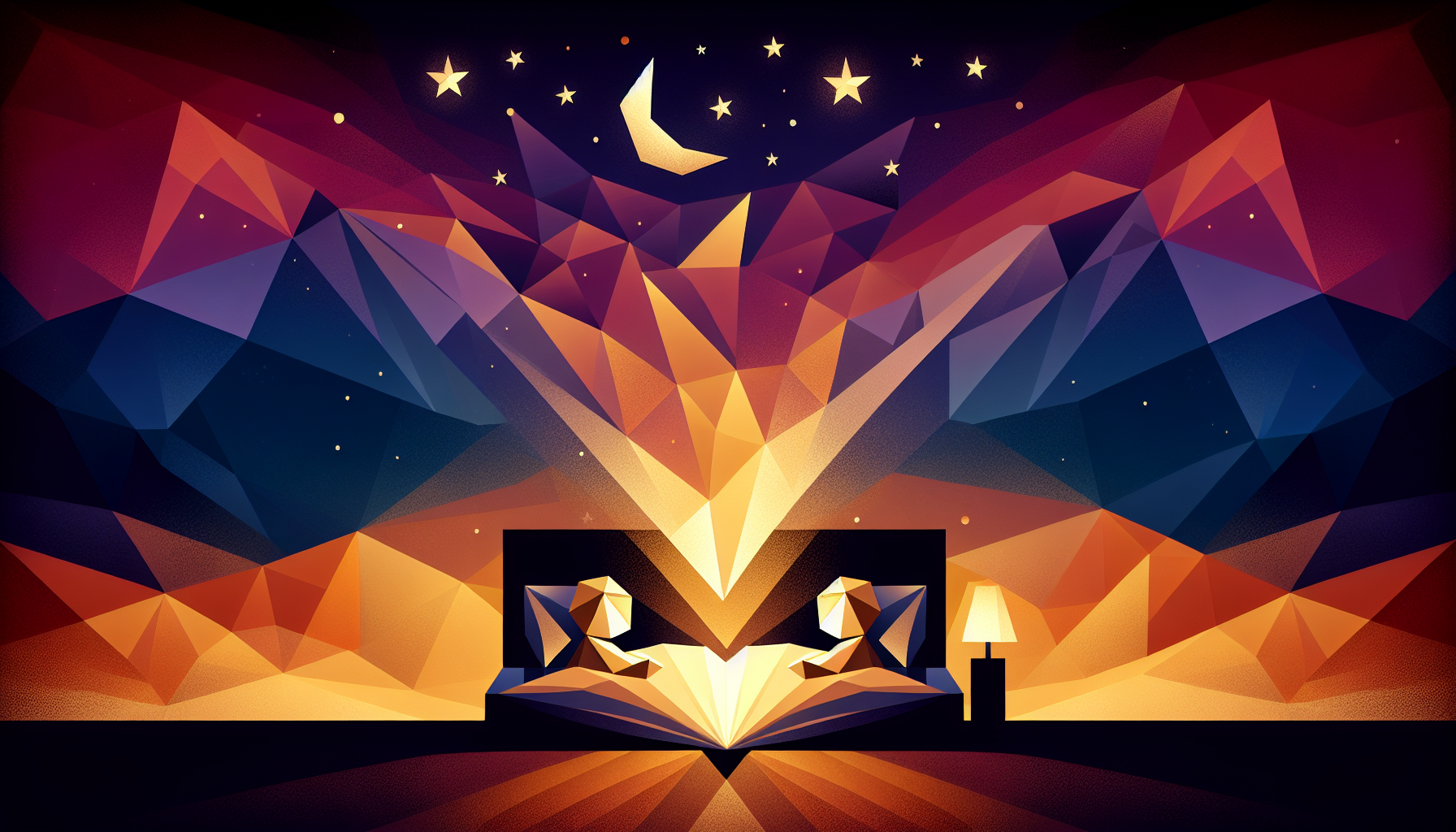 Two small geometric child silhouettes lying in side-by-side cozy beds with one shared glowing storybook hovering between them under a deep twilight sky