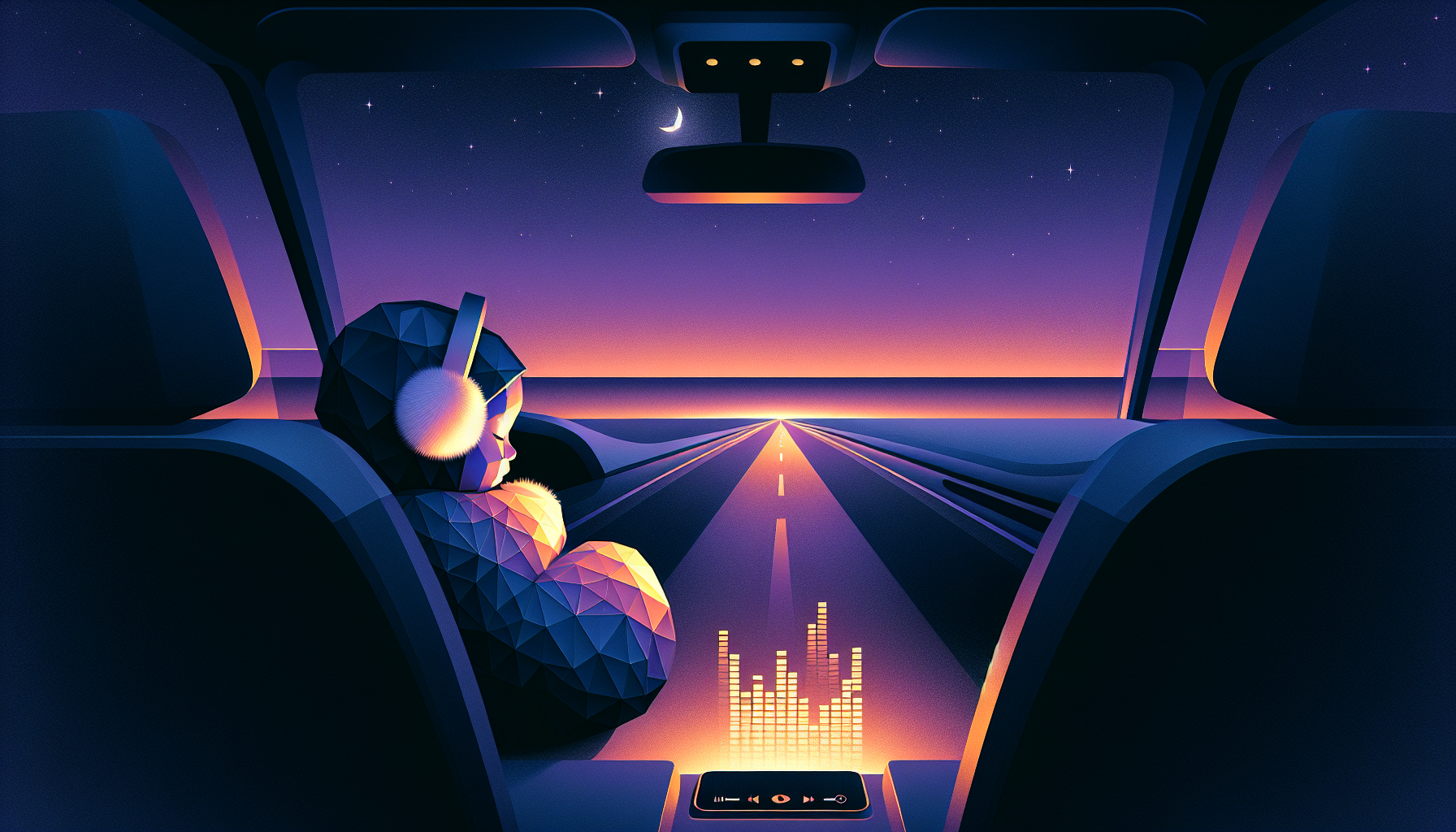 A small geometric child silhouette curled up in a softly lit car back seat wearing soft headphones with golden audio waves flowing from a phone in a holder, road stretching to a twilight horizon