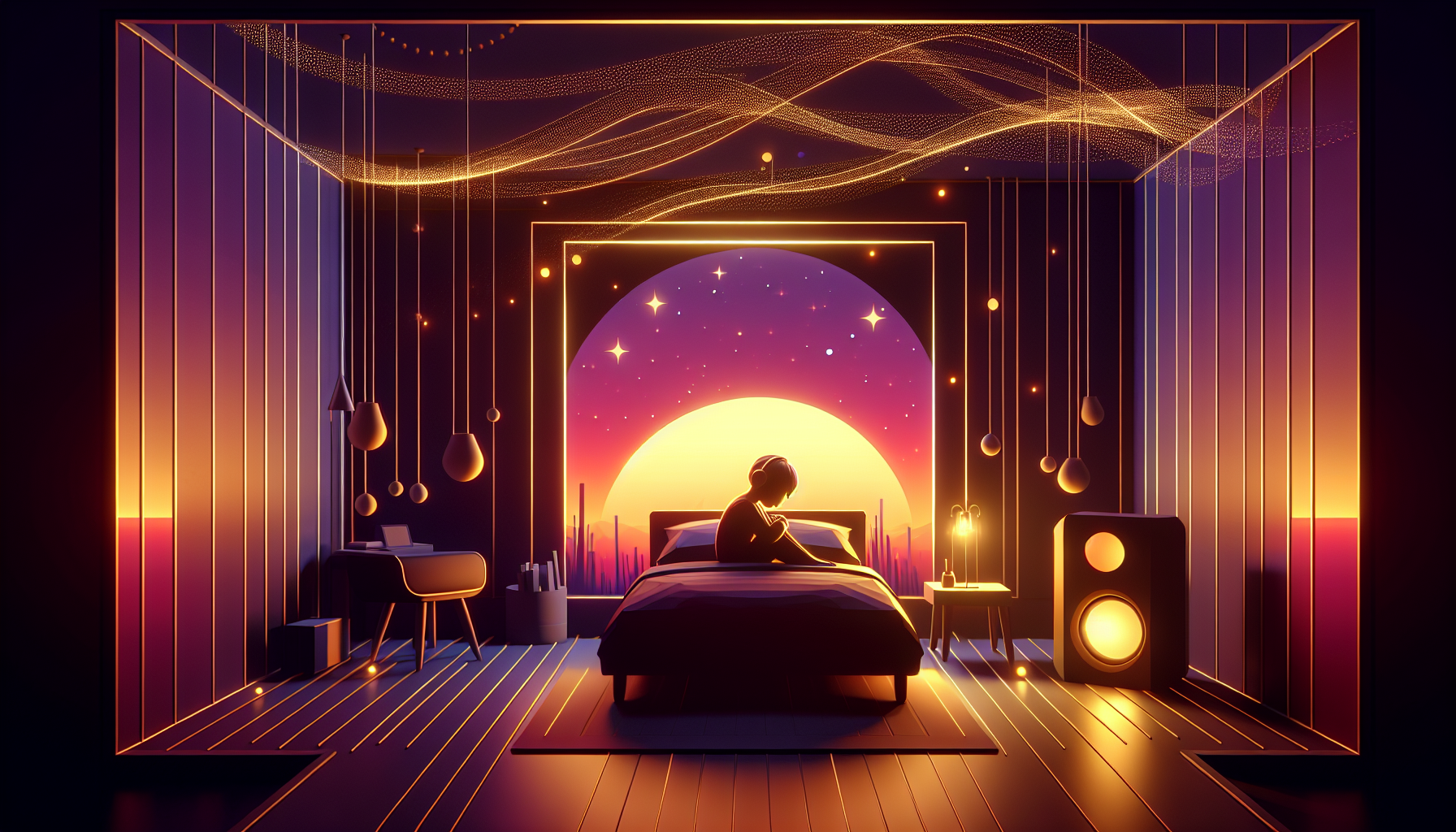 Serene cozy bedroom with a child's silhouette under blankets listening peacefully, with a small bedside speaker bearing a clean shield-style mark