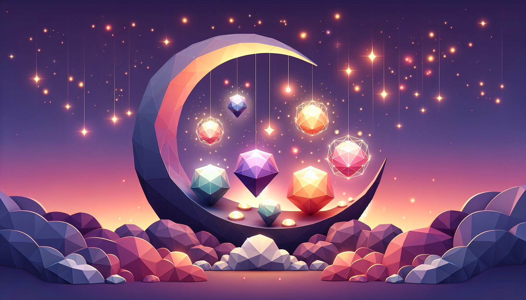 Five glowing devices arranged on a crescent moon shelf emitting soft colorful light with sleeping stars and twilight clouds