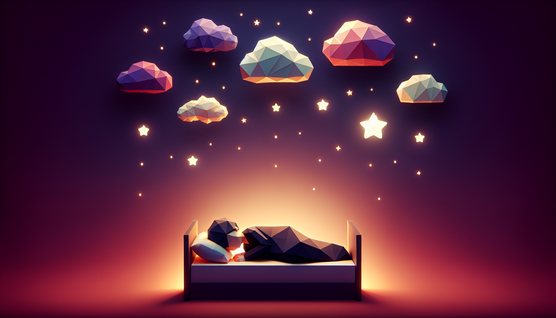 A geometric child silhouette in a cozy bed with five small floating story-icon clouds drifting above under a deep twilight sky with five soft stars