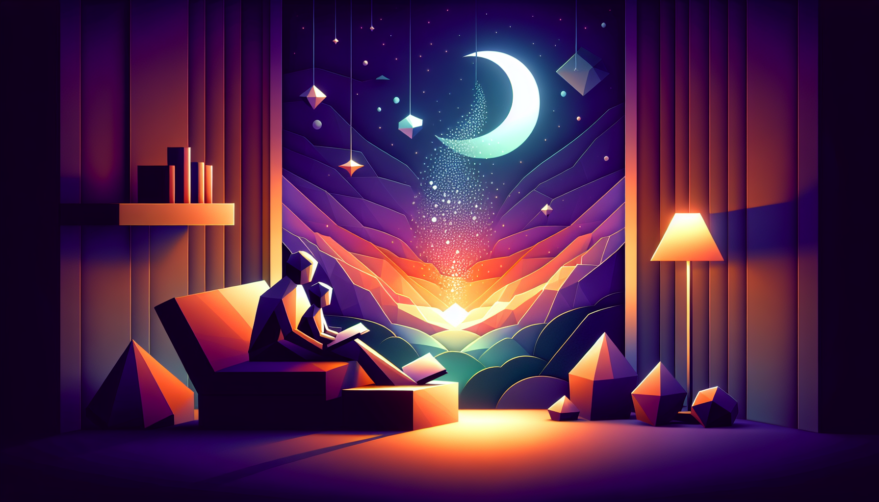 A parent and child reading together on a cozy couch with glowing words rising from a storybook