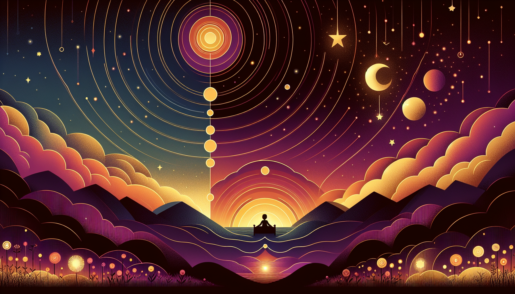 Peaceful scene of a child silhouette in bed with two soft floating elements above — a calm meditation halo and a personalized story scroll