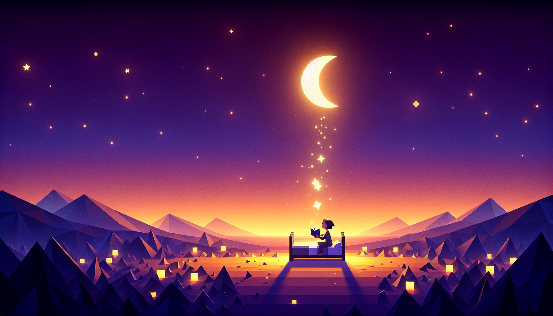 A restless child in bed with a calming moonlit path appearing from a gentle story