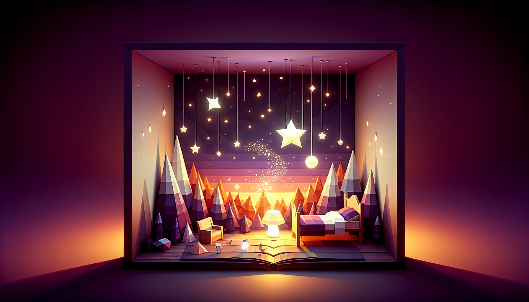 A cozy bedroom with a glowing storybook at twilight