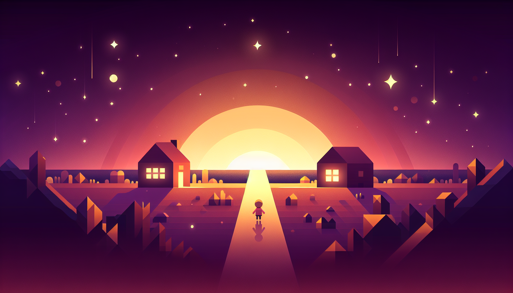 Two cozy houses connected by a shared glowing bedtime story path with a child peacefully walking between them in a serene twilight landscape
