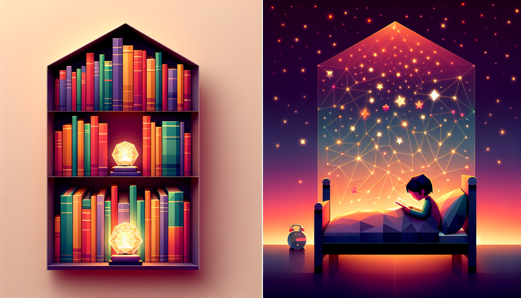 A cozy geometric bookshelf wall on the left with stylized colorful book spines spilling toward a small geometric child silhouette in bed on the right with a glowing phone emitting golden audio waves