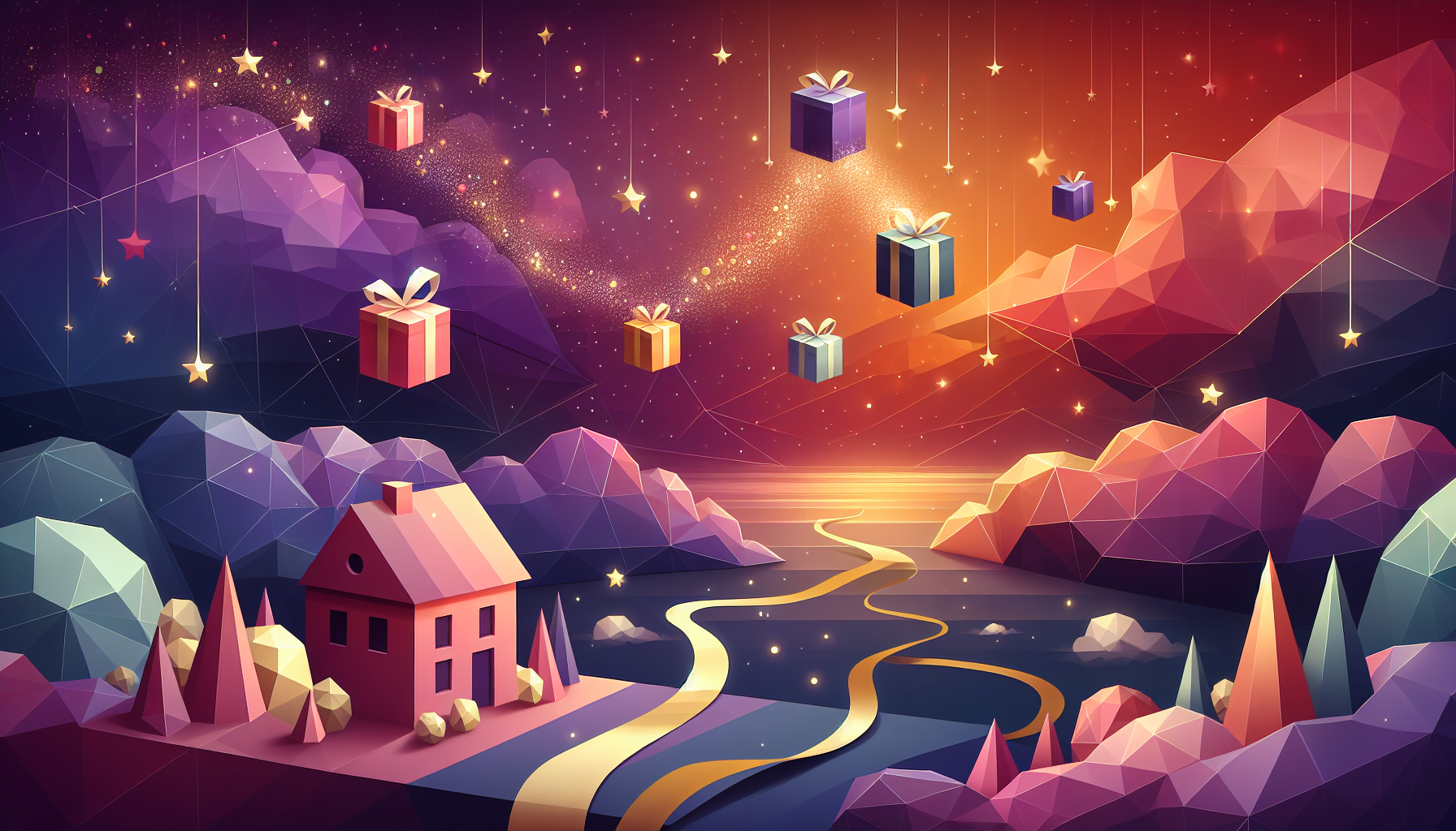 Colorful wrapped gift boxes floating through a twilight sky from one house to another connected by a golden ribbon path