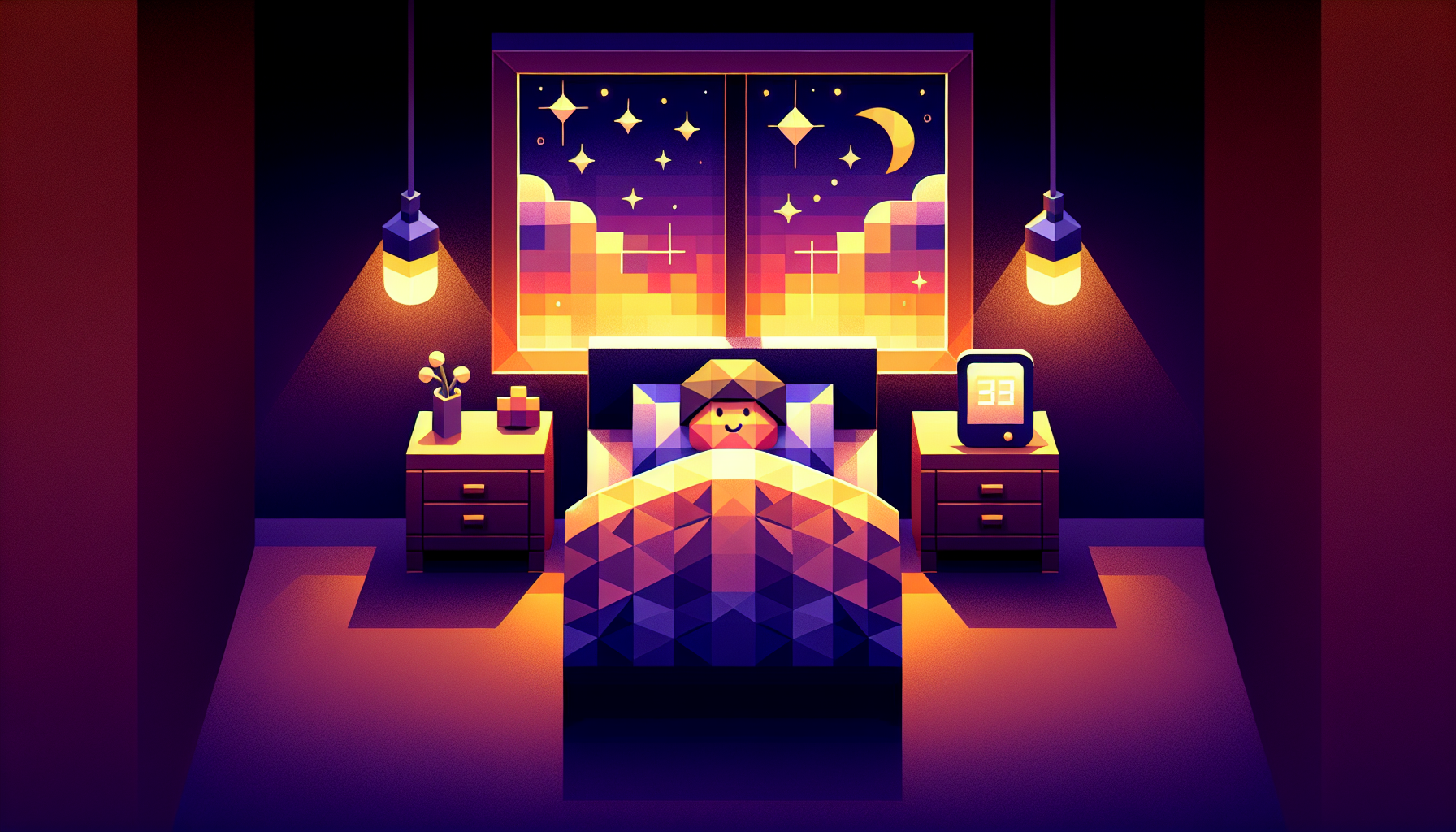 A warm bedroom with a phone casting golden story light over a child tucked in bed