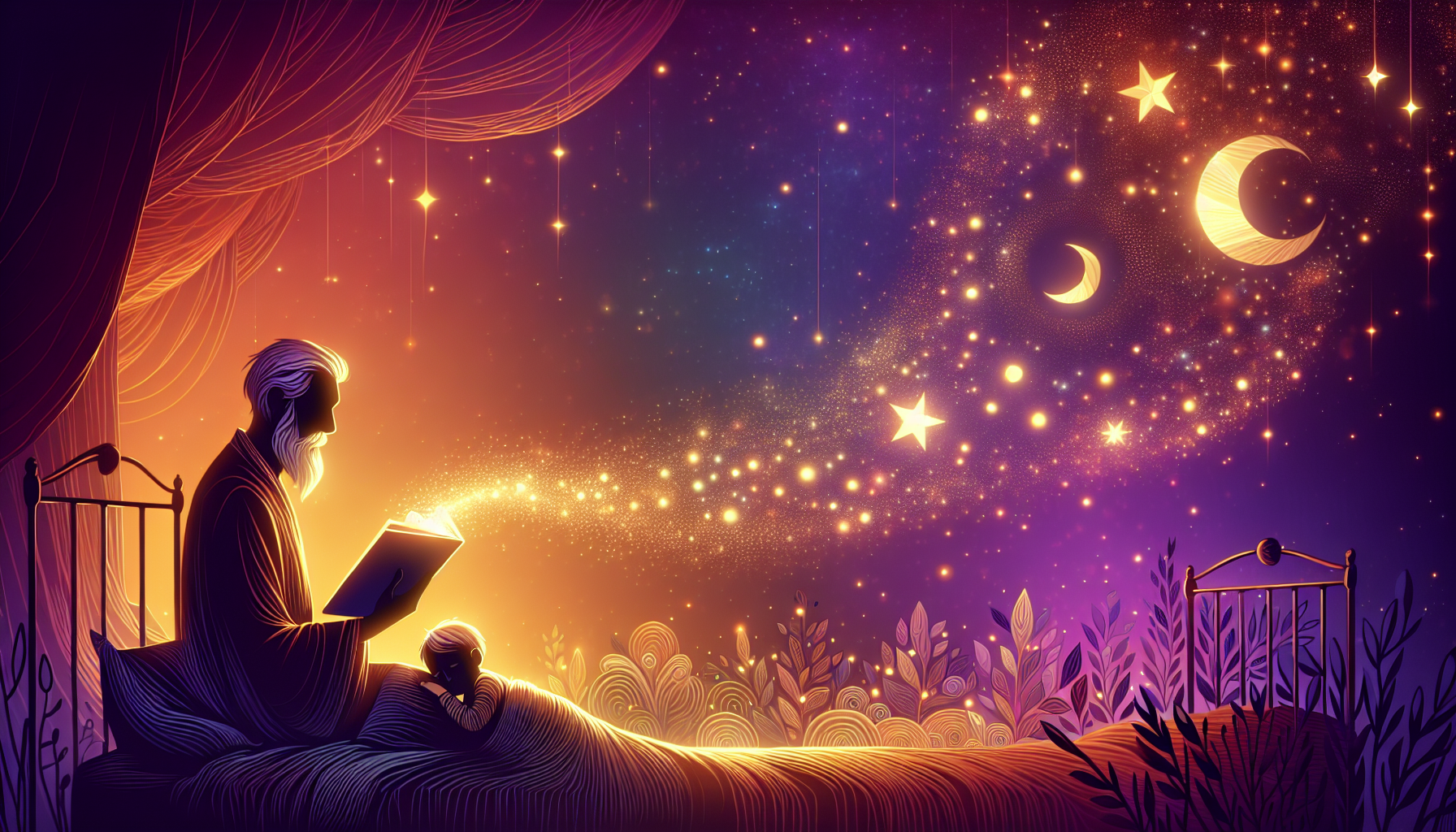 A warm glowing grandparent figure reading from a storybook with golden sound waves reaching a peaceful sleeping child in a twilight bedroom