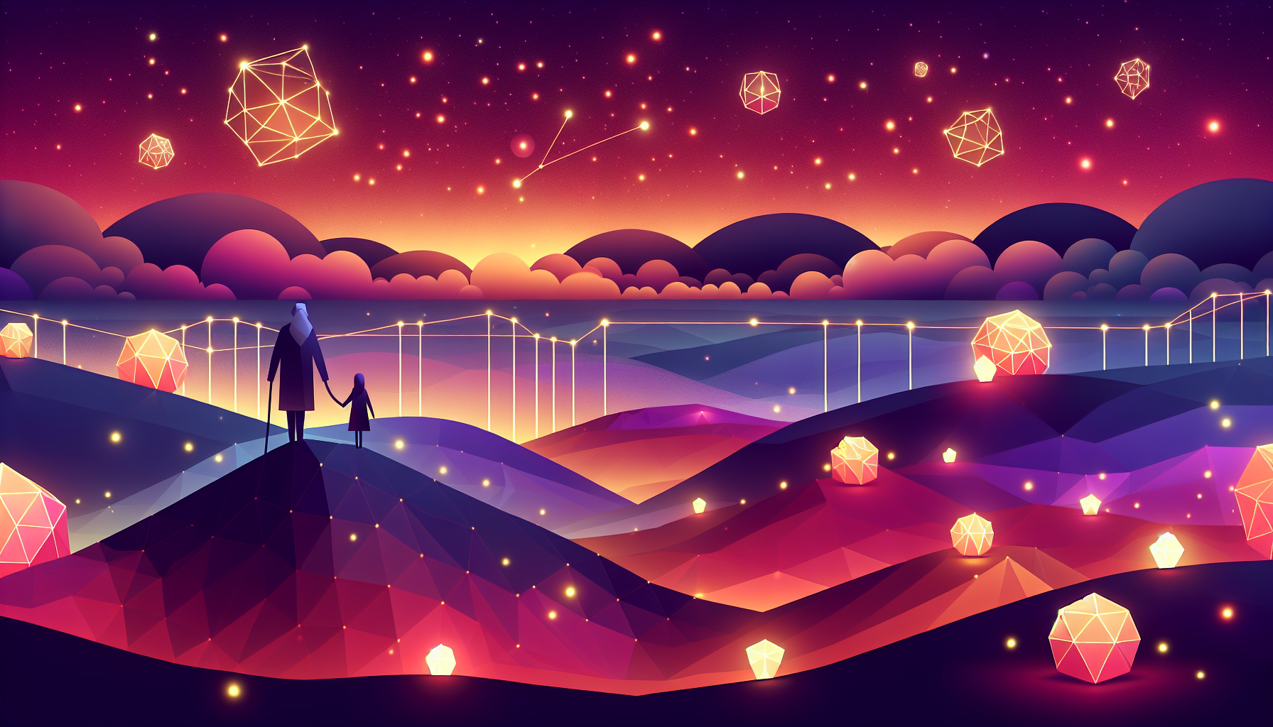 A grandparent and child figure on opposite hilltops connected by twelve glowing bridges of different colors spanning a twilight valley