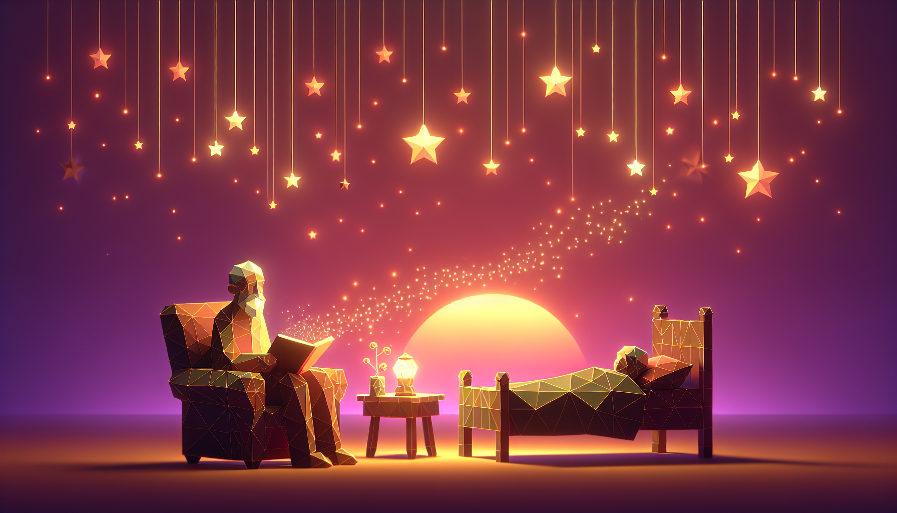 A grandfather's warm face beside a child in bed listening to a glowing storybook, soft lamplight, no screens visible