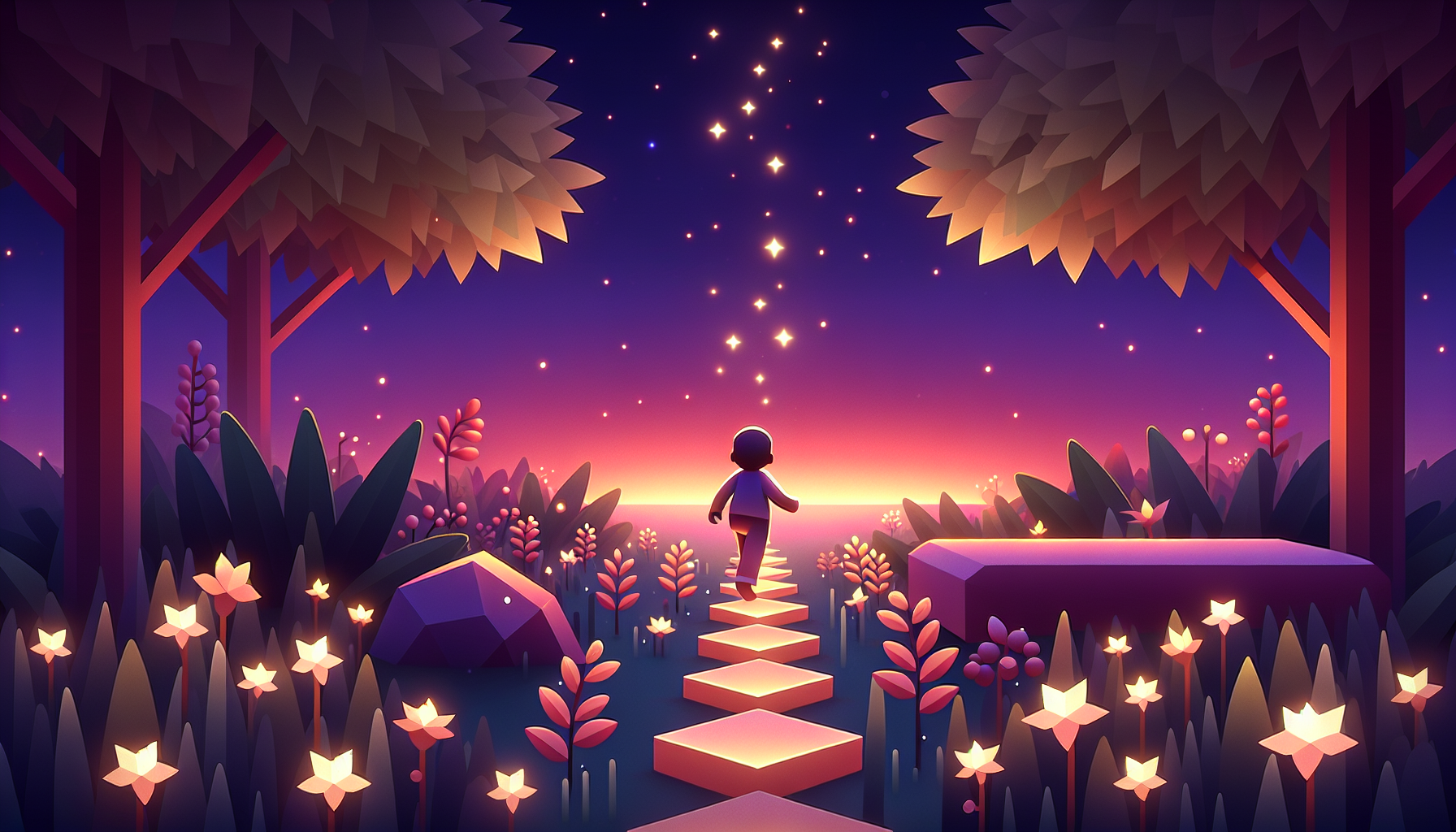 A toddler following stepping stones through a magical twilight garden toward a cozy bed