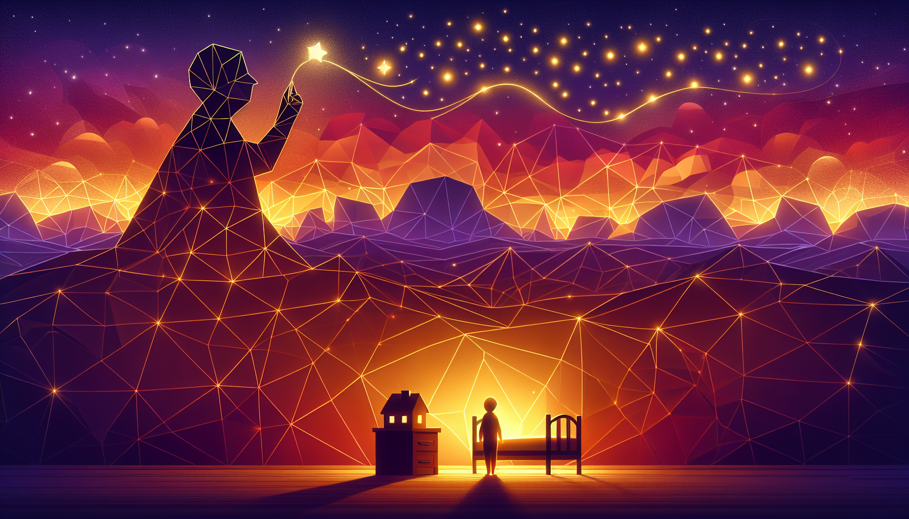 A parent figure in a distant land connected to a child's glowing bedroom by a golden story thread stretching across a twilight sky with stars