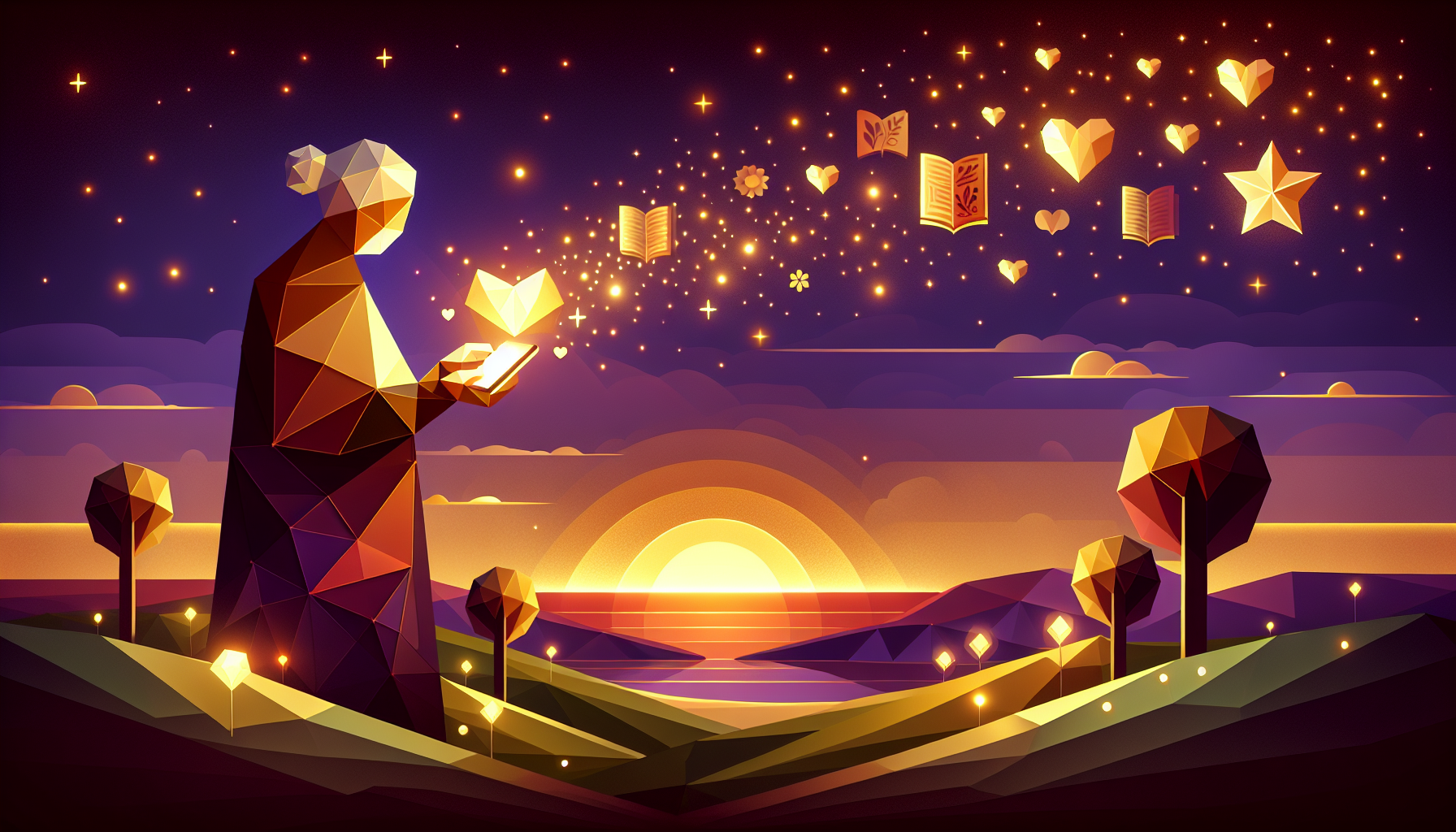 A grandmother smiling at her phone with soft golden light, a child's illustrated storybook floating beside her