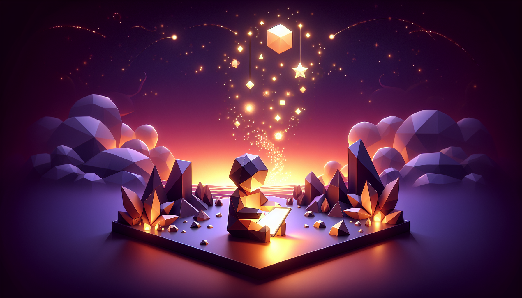 A child with a glowing tablet as golden words highlight one by one during a bedtime story