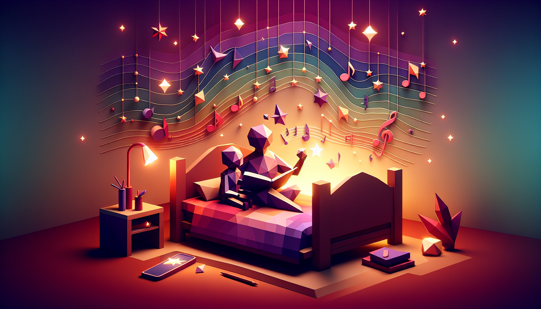 A parent reading a bedtime story to a child with sound waves and music notes floating from the phone