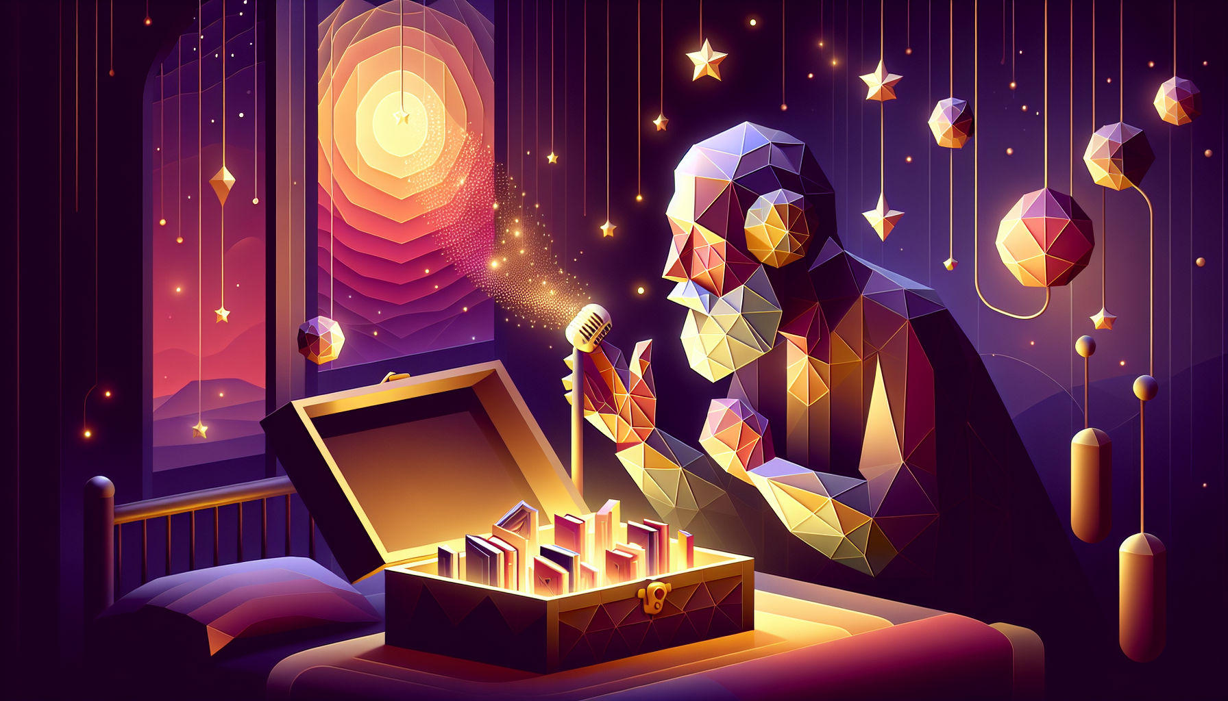 An elderly figure speaking into a glowing microphone with golden sound waves flowing into a treasure chest filled with storybooks in a twilight setting