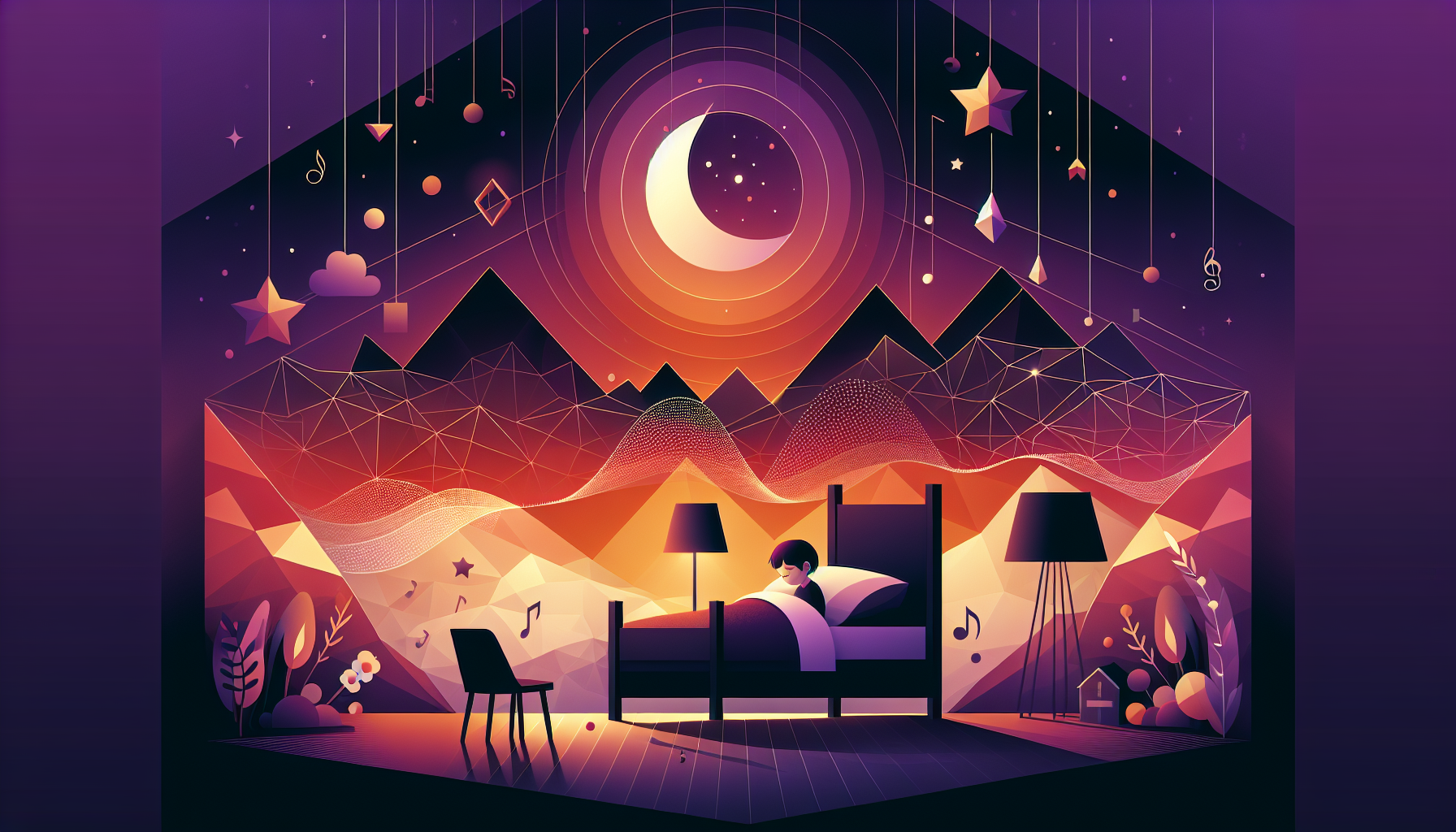 A dreamy bedroom with floating musical notes and a glowing moon over a sleeping child