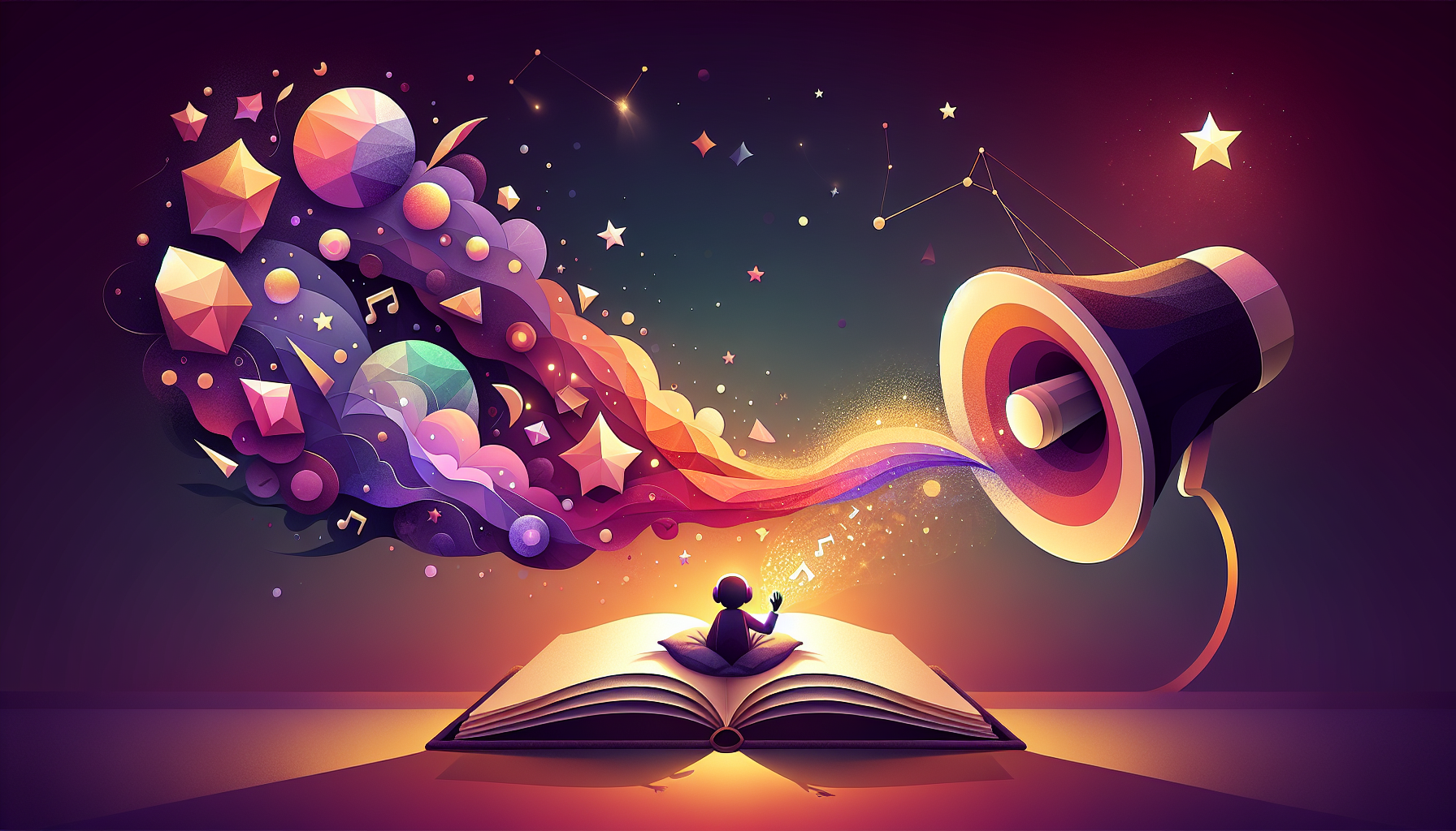 Two open storybook silhouettes floating above a child's pillow — one with watercolor illustrations, one with audio waves