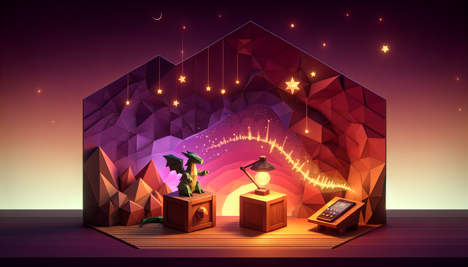 A wooden tabletop scene at twilight with a Tonie-style audio box on the left and a smartphone with audio waves on the right