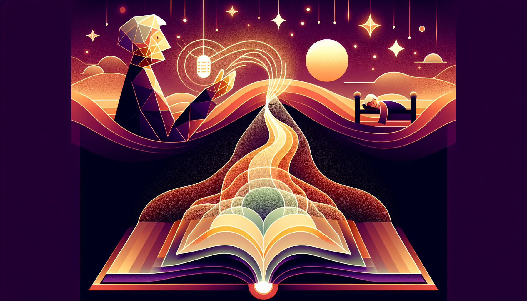 A grandparent silhouette speaking into a microphone, a soft audio waveform flowing across to where it transforms into a glowing storybook above a sleeping child
