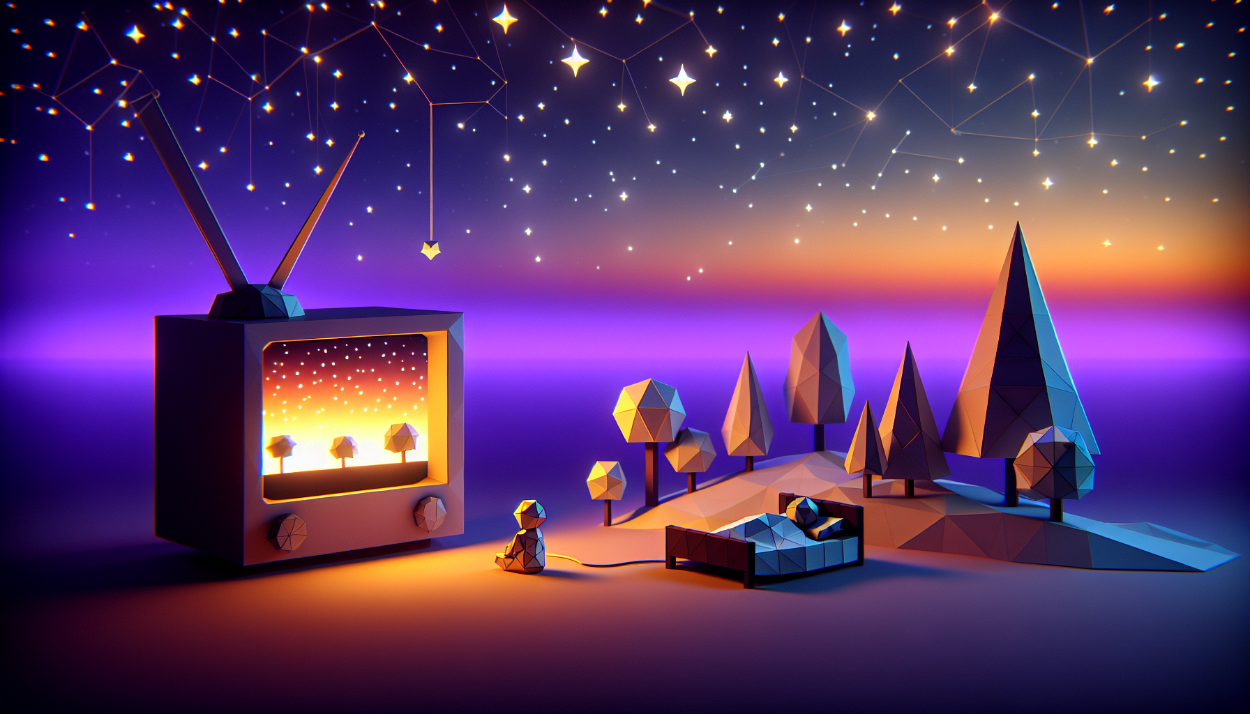 A split twilight scene — on the left a glowing geometric television with animated story shapes, on the right a glowing geometric phone with golden audio waves, both flanking a small geometric child in bed