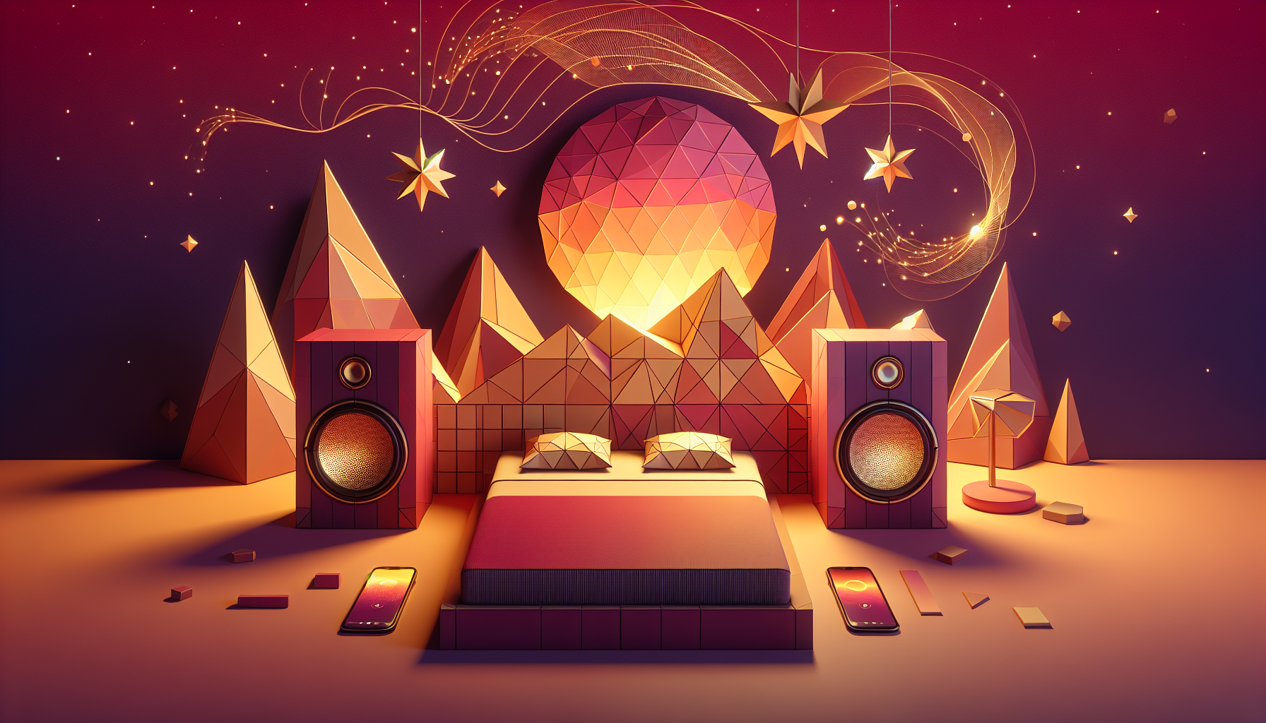 A child's bedside table with a Yoto-Mini-style cube speaker and a phone propped against a small lamp, both illuminated by warm twilight