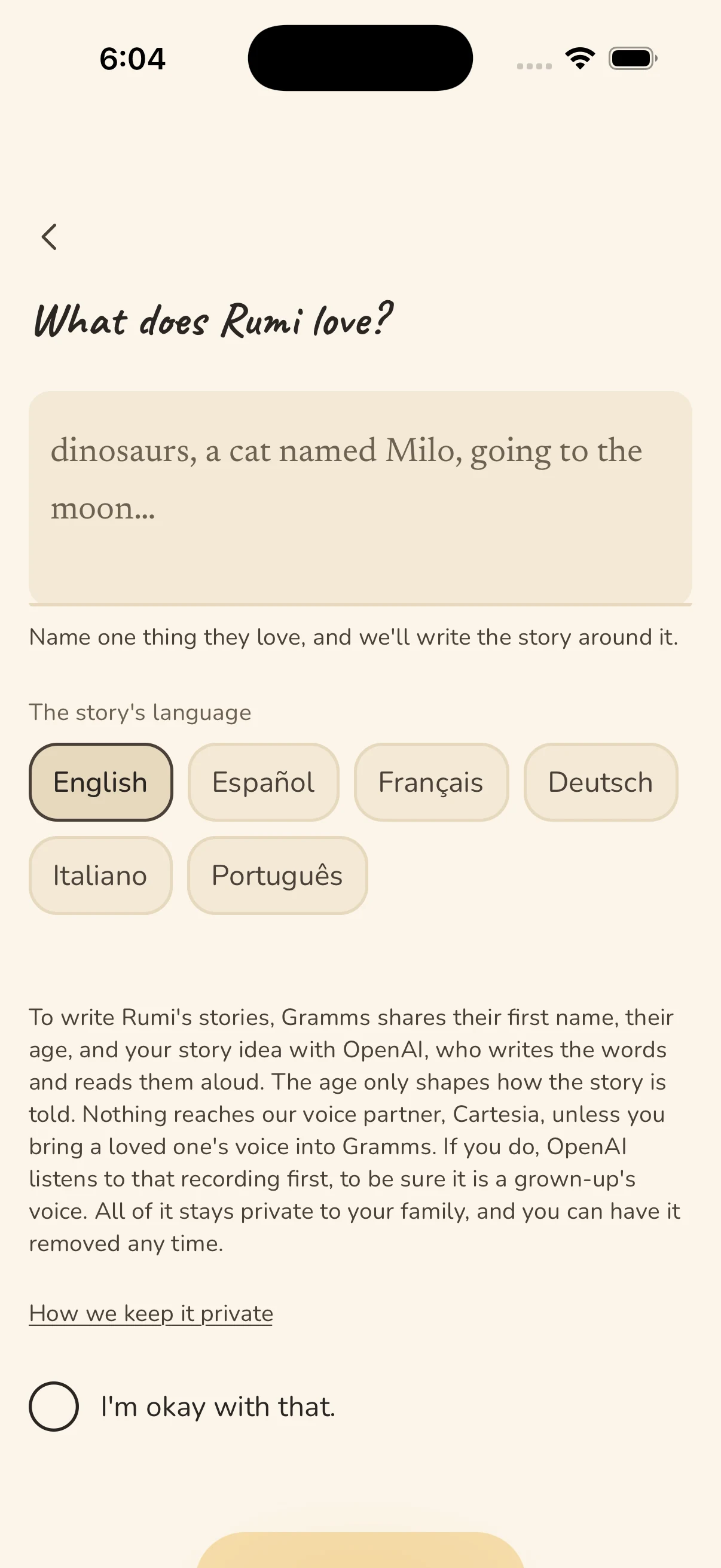 Gramms asks what the child loves, and offers the story in six languages