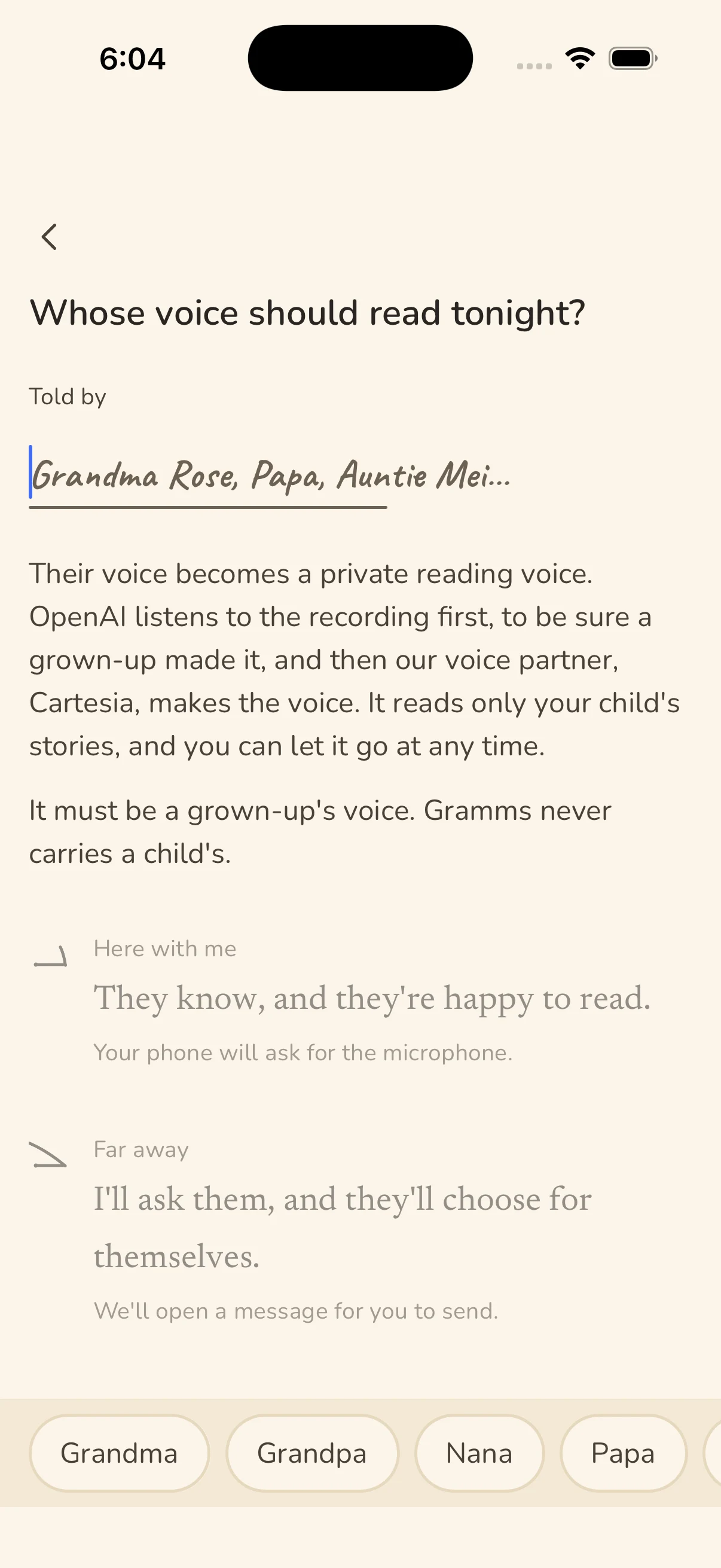 Gramms asks whose voice should read tonight, and how to bring a family voice in