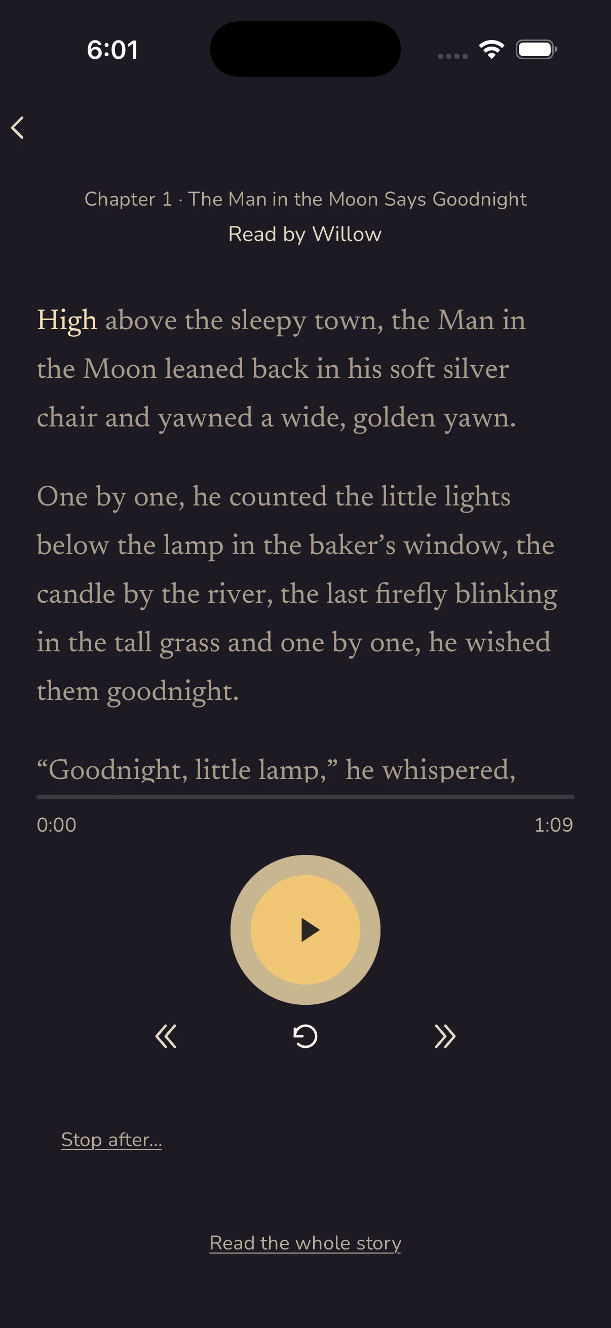 A Gramms story being read aloud, each word lighting up as it is spoken