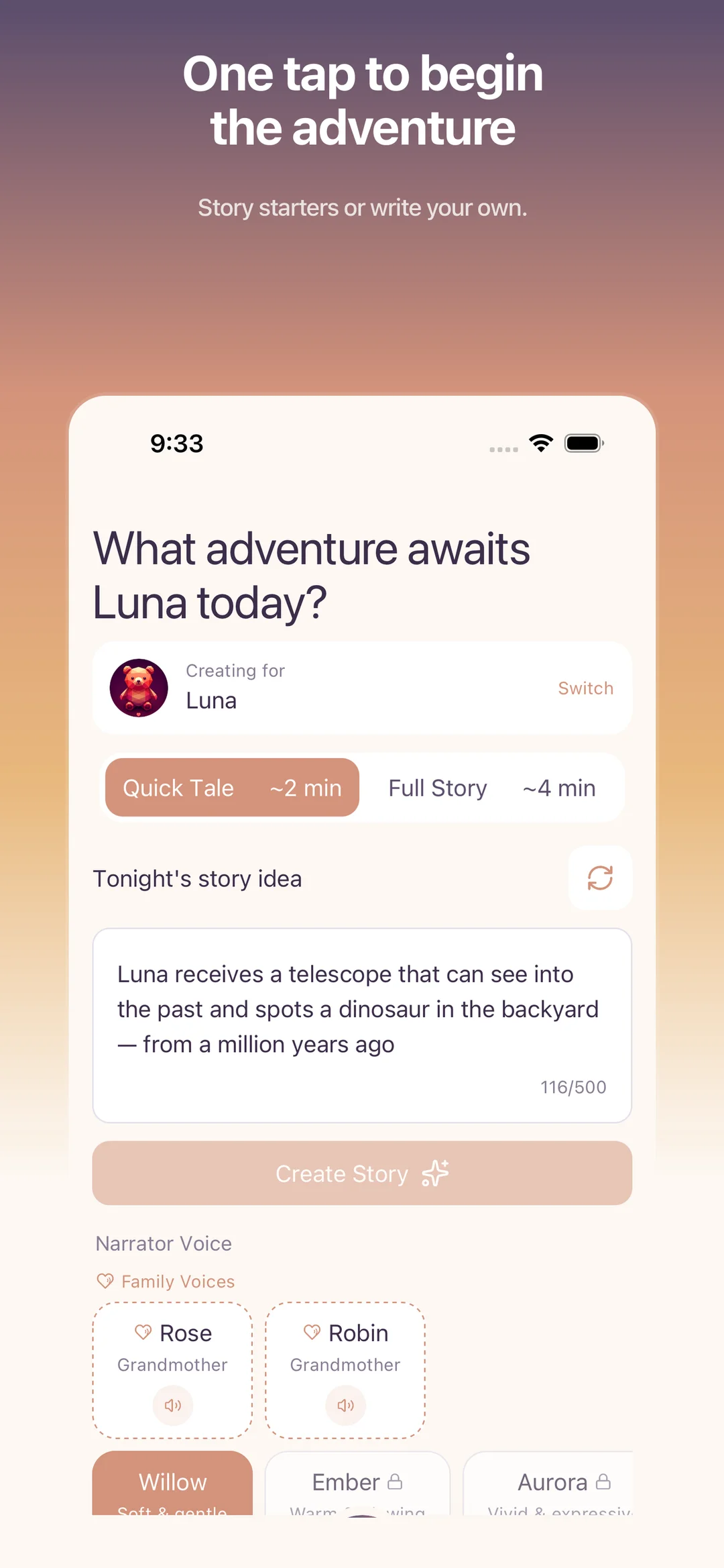 Gramms create-story screen — pick a child and a theme